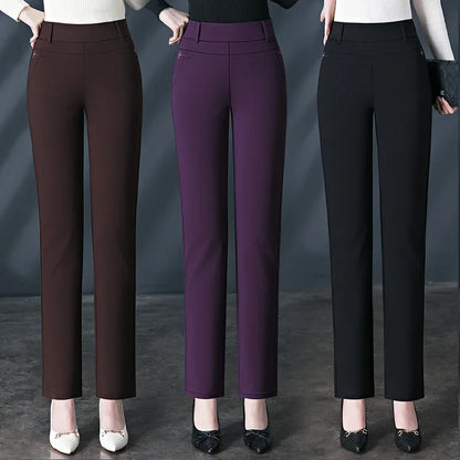 Black Women's High Waist Stretch Suit Pants, Fashion Slim Trousers, Purple Green Brown Pantalones, Asian Size M-6XL