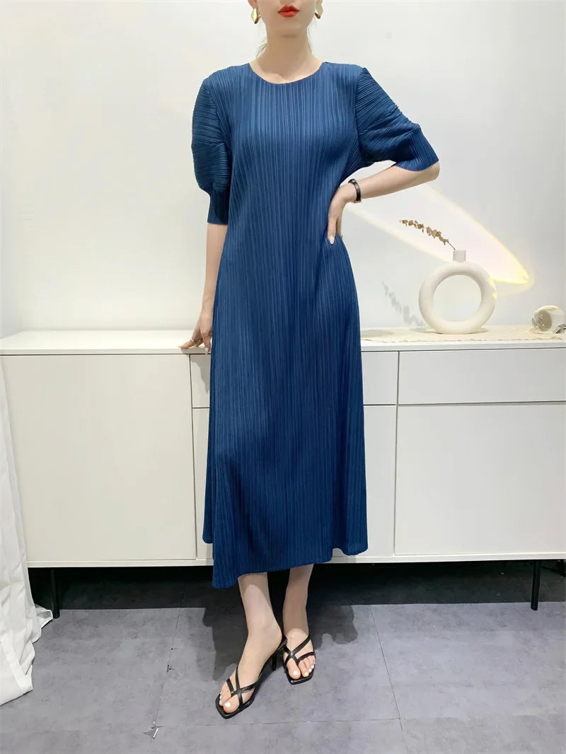 Miyake Pleated Dress 2024 Summer New Round Neck Loose and Comfortable A-line Short Sleeve Maix Dress