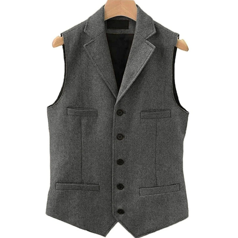 Men Vest Brown Herringbone Single Button With Lapel And Pocket Waistcoat For Wedding Groom Business Formal Banquet Work Men Suit