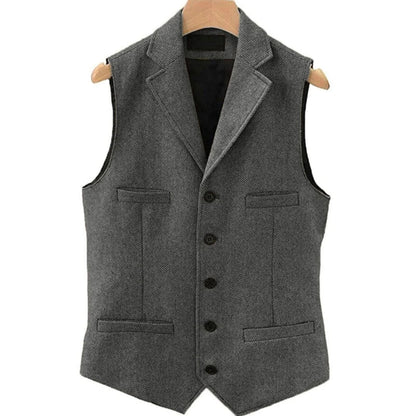 Men Vest Brown Herringbone Single Button With Lapel And Pocket Waistcoat For Wedding Groom Business Formal Banquet Work Men Suit