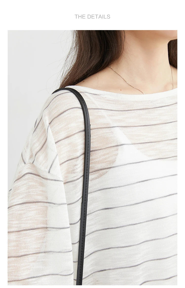 Korean Women T-Shirts Loose Casual New Striped Long Sleeve Sunscreen Shirt Designed Female Tees Summer 2025