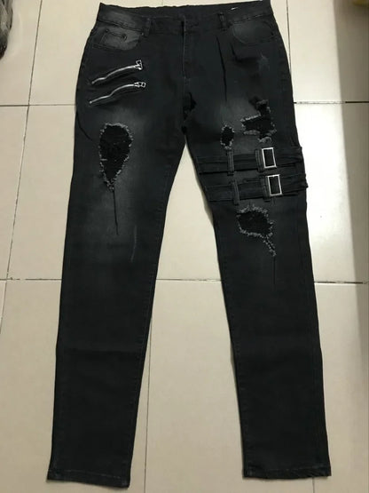 Retro Moto Biker Straight Elastic Jeans Men Zipper Hole Streetwear Punk Skinny Denim Cargo Pants Pantalones Hombre  Y2K Clothing