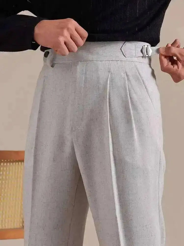 High Waist Linen Suit Pants Men Breathable Straight Leg Office Trousers Men Pantalon Costume Homme Men's Social Trousers