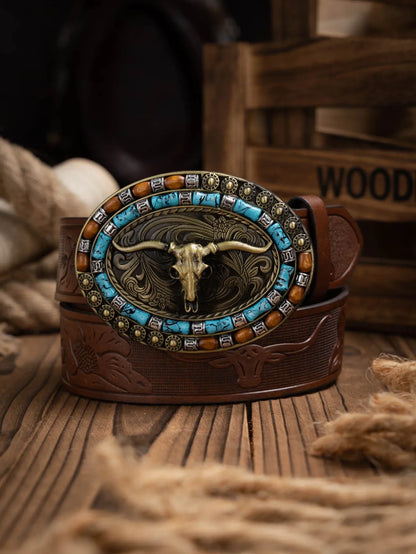 A Casual, Individual and Retro Belt, Western-Style Clothing Accessory, Metal Buckle, PU Belt, Suitable for Both Men and Women