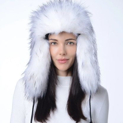Plush Raccoon Fur Hat Women Thicken Faux Fur Earflap Hat Winter Warm Russian Ushanka Hats Windproof Furry Bomber Cap