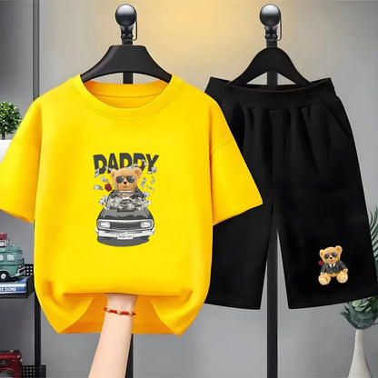 Children Short-sleeved T-shirt+Shorts black Boys Girls Toddler 3-12Yrs Sports Set Summe cool Tshirt Wealthy Bear Clothing