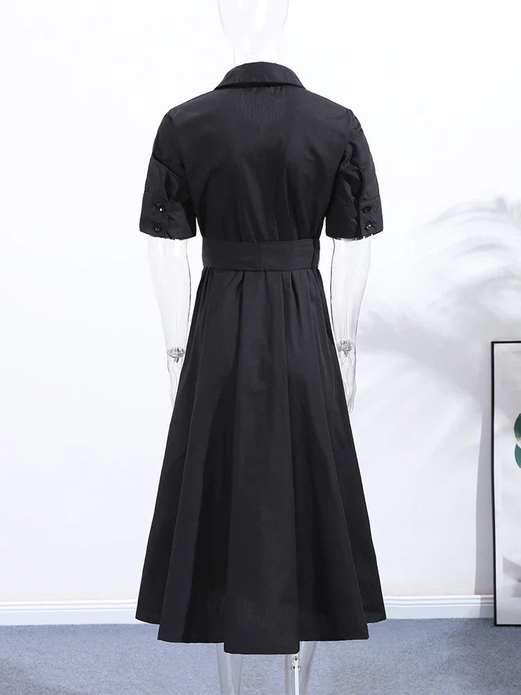 Elegant Belt Women Long Black Dress Full Sleeve Pleated Lapel Waist-Closed Female  A Line Dresses 2026 Spring Lady Robes New