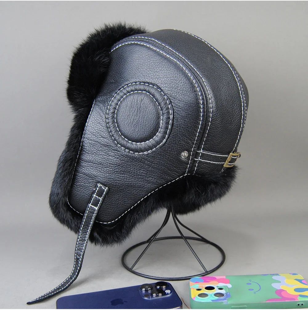2026 Fashion Men's 100% Natural Rabbit Fur Bomber Hats Winter Russian Man Warm Real Sheepskin Leather Hat Male Real Fur Caps