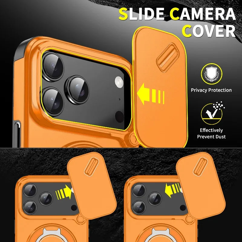 Luxury Heavy Duty Rugged Armor Magnetic Bracket Case For iPhone 17Air 16 15 14 17 Pro Max Plus Slide Camera Protection PC Cover