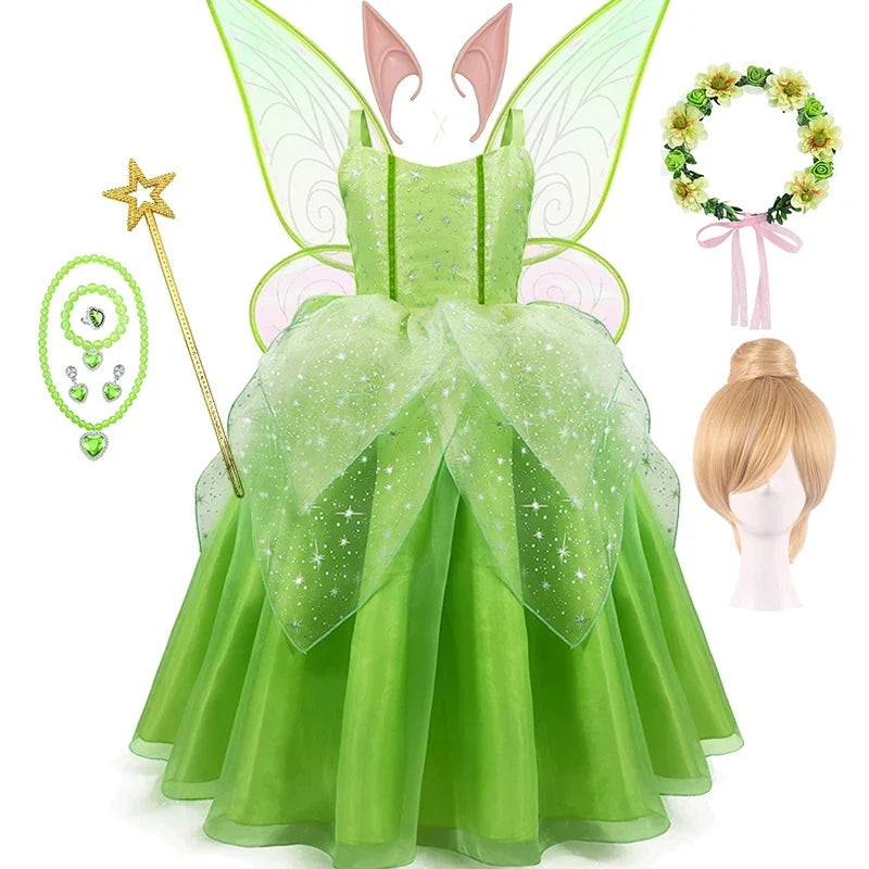 Girls Fairy Dress Up Kids Princess Green Flower Fairy Dress With Wings Princess Costume Party Tinkerbell Tinker Bell Dresses