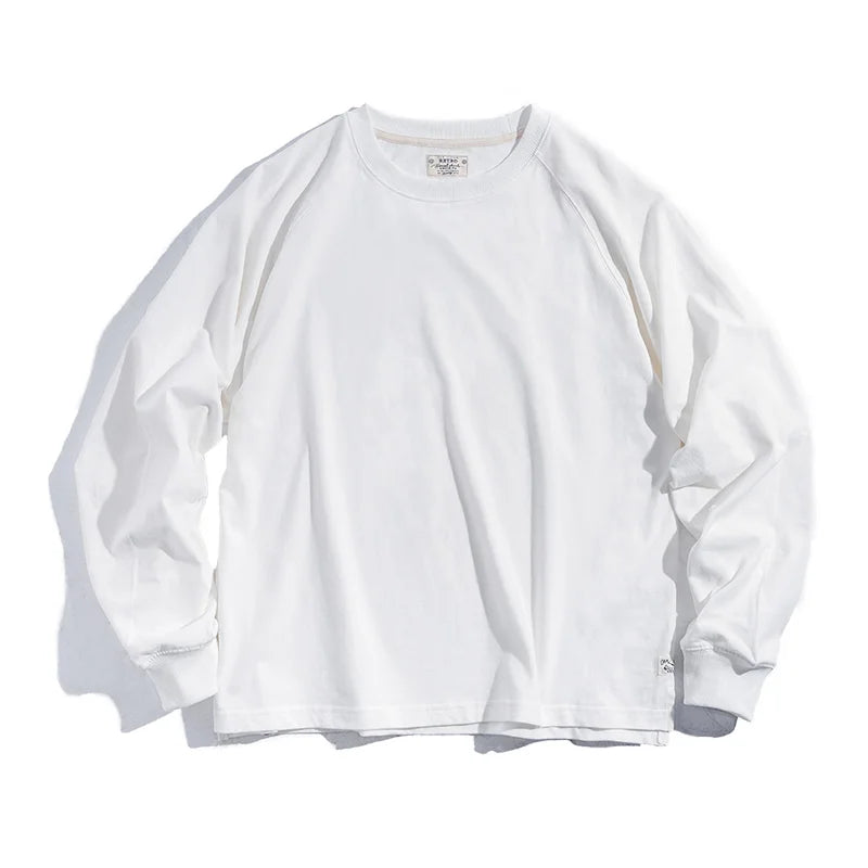 100% Cotton Loose Crew Neck Long Sleeve T-shirts Men's  230g Thin Breathable Tee Shirt Basic Solid Color Oversized Tops