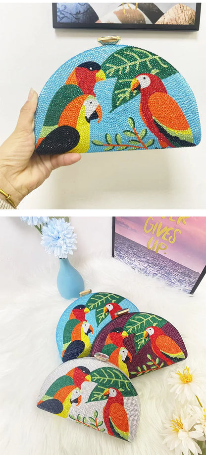 Multicolored Parrot Diamond Evening Bags Women Crystal Clutch Purse Cocktail Prom Bird Party Handbags Rhinestone Shoulder Bag