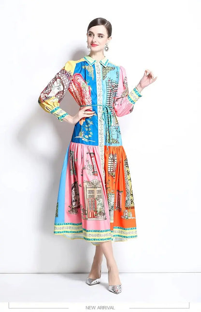 French Court Style Long Sleeve Dress Luxury Vintage Lapel Midi Dress Women Elegant Button-up Belted Party Dress Vestidos