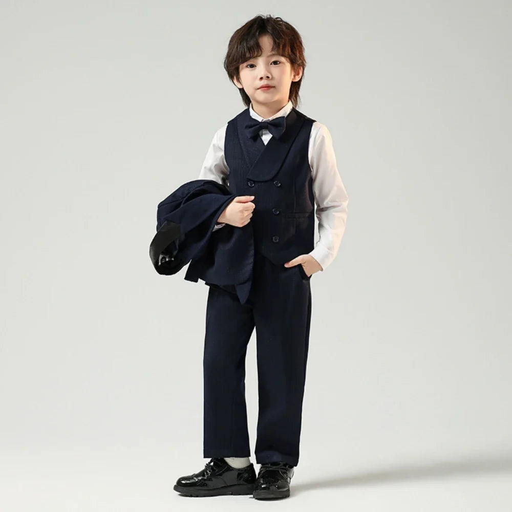 Navy Children's Fashionable Suit Set 5 Pieces,Double Breasted Boys Suits For Banquet Party,Kids Tuxedo Performance Wear