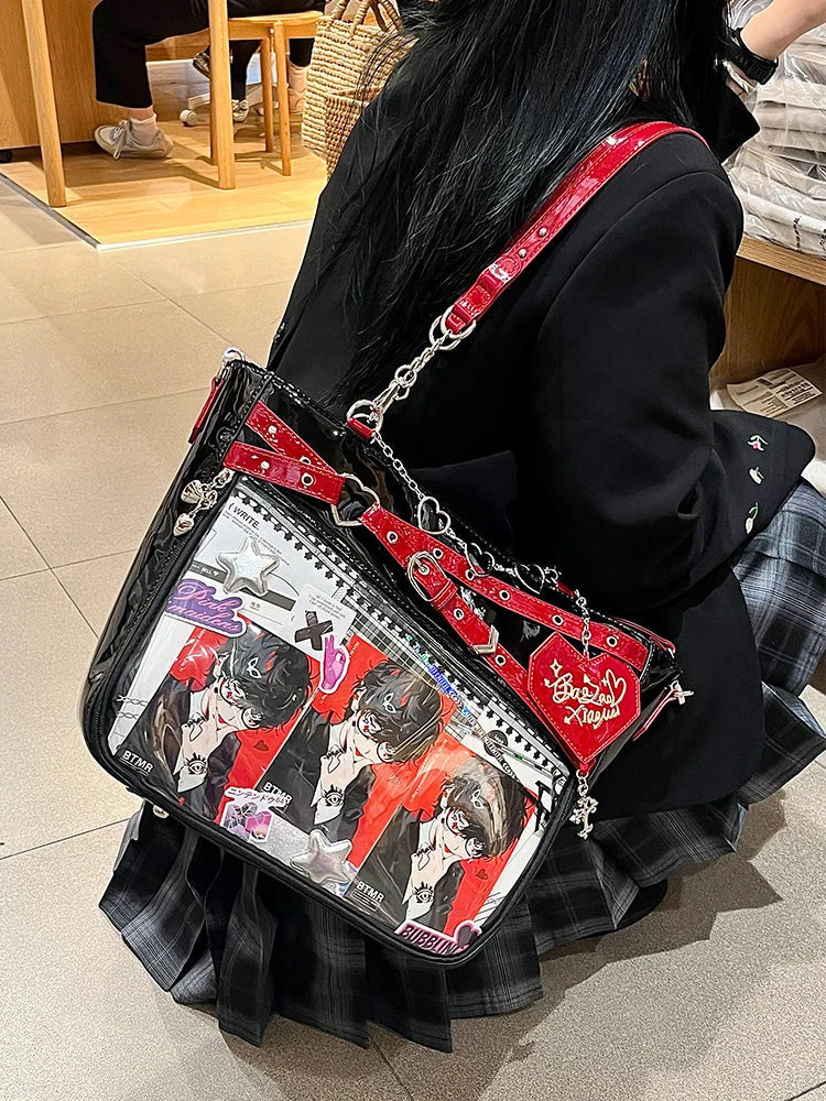 Aesthetic Underarm Ita Bag Streetwear Girl Transparent Shoulder Bag Heart Shape Chic Chain Handbag DIY Display Crossbody Bag