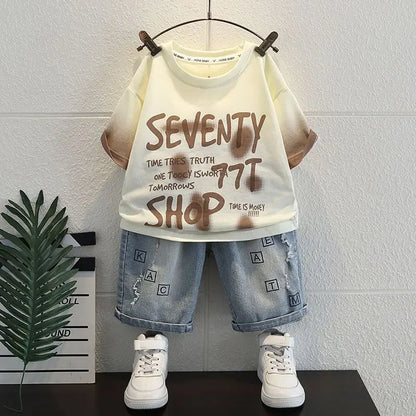 Korean Baby Boys Summer Sets Children's Clothing Short-Sleeved Letter T-Shirt & Denim Shorts Kids Boys Outfits Clothes 2-11Y