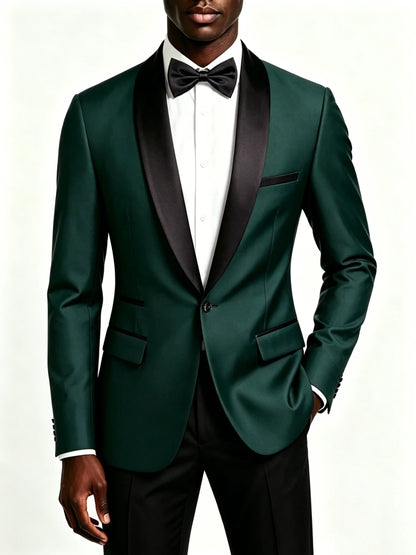 Men's Black Satin Shawl Lapel Tuxedo Suit 2 Pieces, Slim Fit Formal Blazer & Pants for Wedding Party Prom Groom Outfit