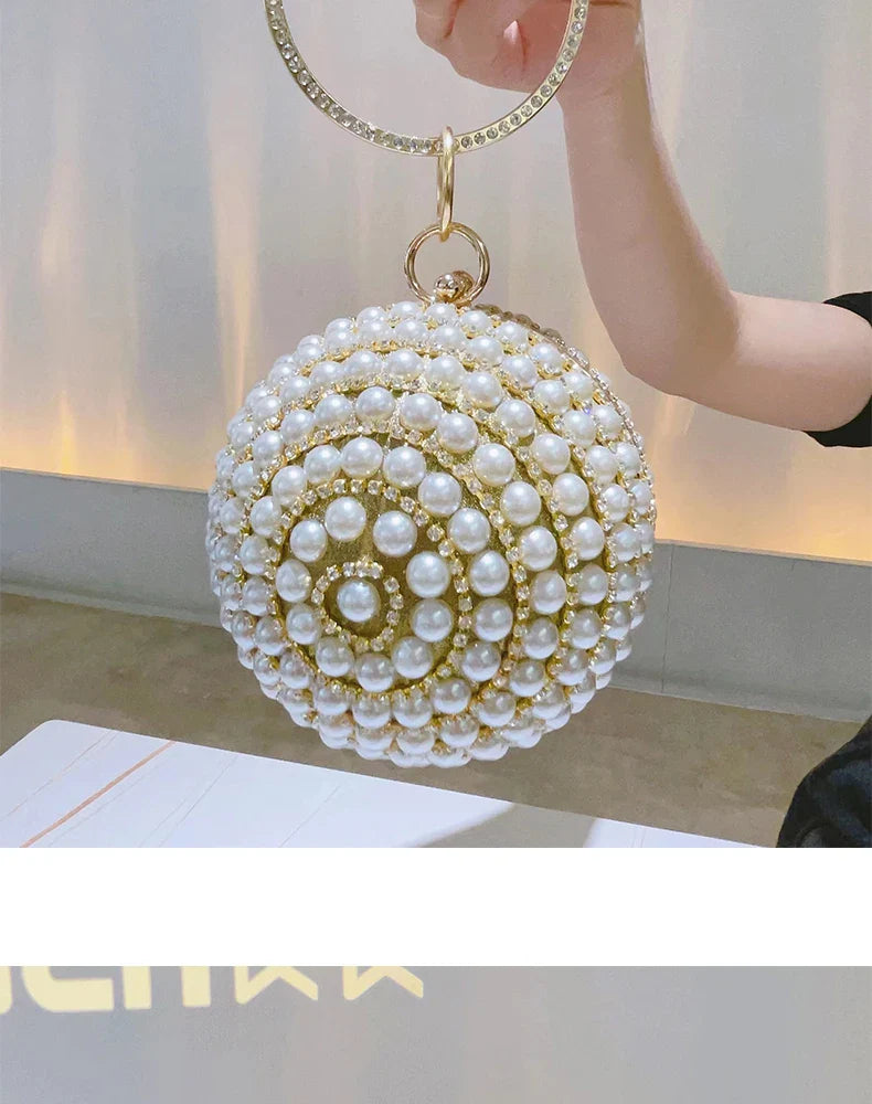 Round Pearl Clutch Purse Handbag Luxury Elegant Evening Bag Ring Handle For Women Bride Bridesmaid Wedding Party Handbag Purses