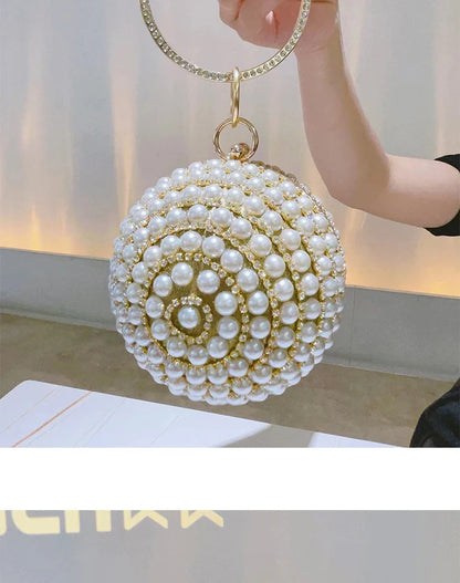 Round Pearl Clutch Purse Handbag Luxury Elegant Evening Bag Ring Handle For Women Bride Bridesmaid Wedding Party Handbag Purses