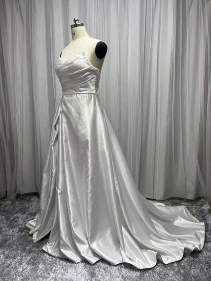 Customized Plus Size A Line Satin Strapless Wedding Dress V Neck Pleats High Side Slit Floor Length Bride Gowns Bridal Dres