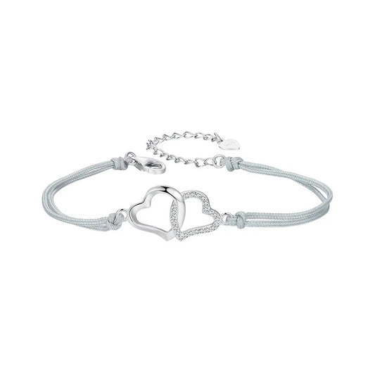 Bracelet cœur à cœur personnalisé, Bracelet en argent sterling 925 avec chaîne fine en corde grise pour femmes et adolescentes