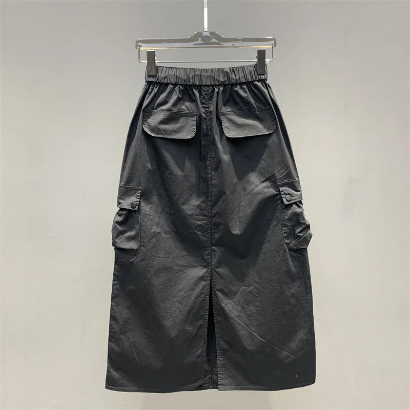 Vintage Skirts for Women American Fashion High Waist Back Slit Cargo Skirt Streetwear All-match Pockets Trendy Harajuku Chic New
