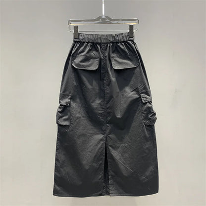 Vintage Skirts for Women American Fashion High Waist Back Slit Cargo Skirt Streetwear All-match Pockets Trendy Harajuku Chic New
