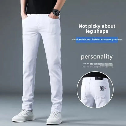 Korean Man Designer Clothes 2025 White Jeans Men Spring Autumn Printed Students Slim Stretch Pencil Pants Workwear Long Trousers