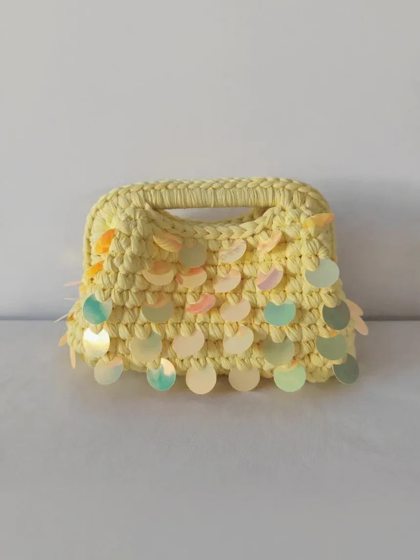 Yingzi Small Sequin Crochet Cluth Bag with Shine Paillettes Handmade Evening Bag Makeup Bag