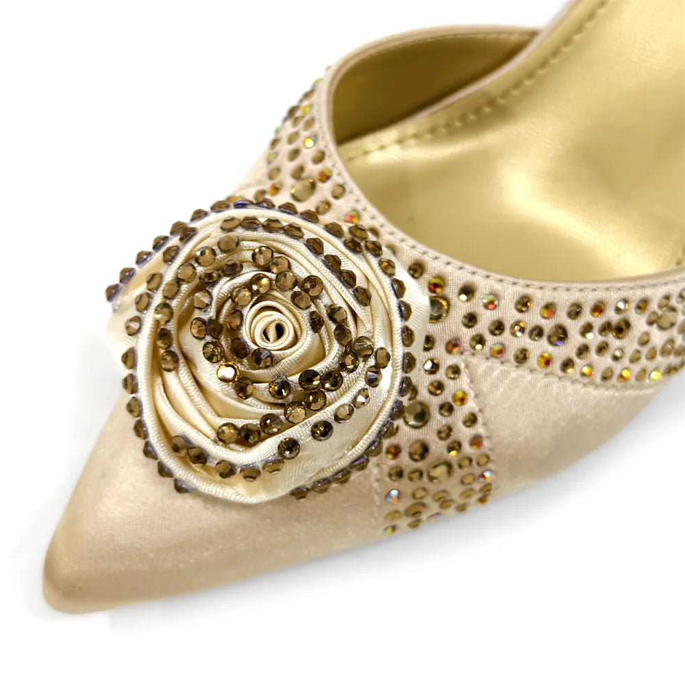 Elegant Rhinestone-Embellished Brown Heeled Shoes and Handbag Set for Women with Floral Decoration – Perfect Small Size Fashion