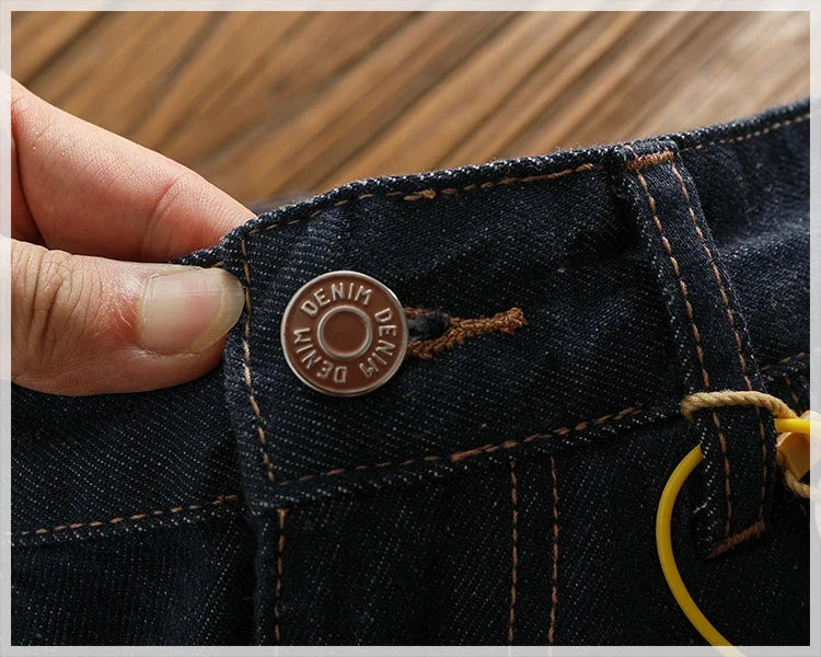 Anti-fading solid color general wash primary color denim jeans men's dark American casual loose straight cone pants