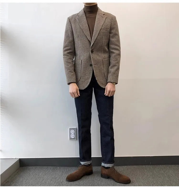 Autumn and Winter Casual Men's Retro Tweed Houndstooth Suit Men's Plus Size Outwear British Gentleman Wool Suit Trendy