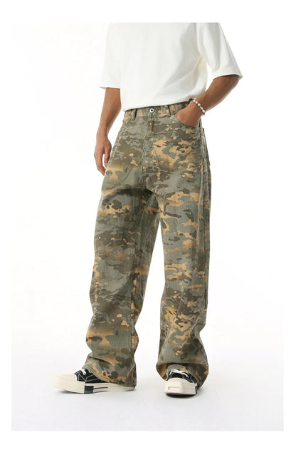 2025 Four Seasons Men's Youth Popular Multi color Pattern Camouflage Pants Basic Versatile Straight Wash Casual Cowboy Pants