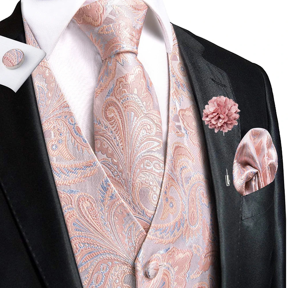 Luxury Gold Black Mens Vests Print Jacquard Waistcoat Tie Hanky Cufflinks Brooch Set for Men Wedding Formal Business Hi-Tie