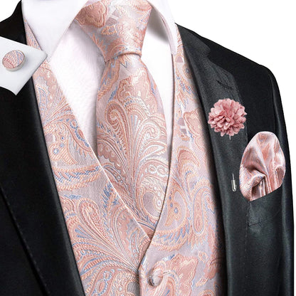 Luxury Gold Black Mens Vests Print Jacquard Waistcoat Tie Hanky Cufflinks Brooch Set for Men Wedding Formal Business Hi-Tie