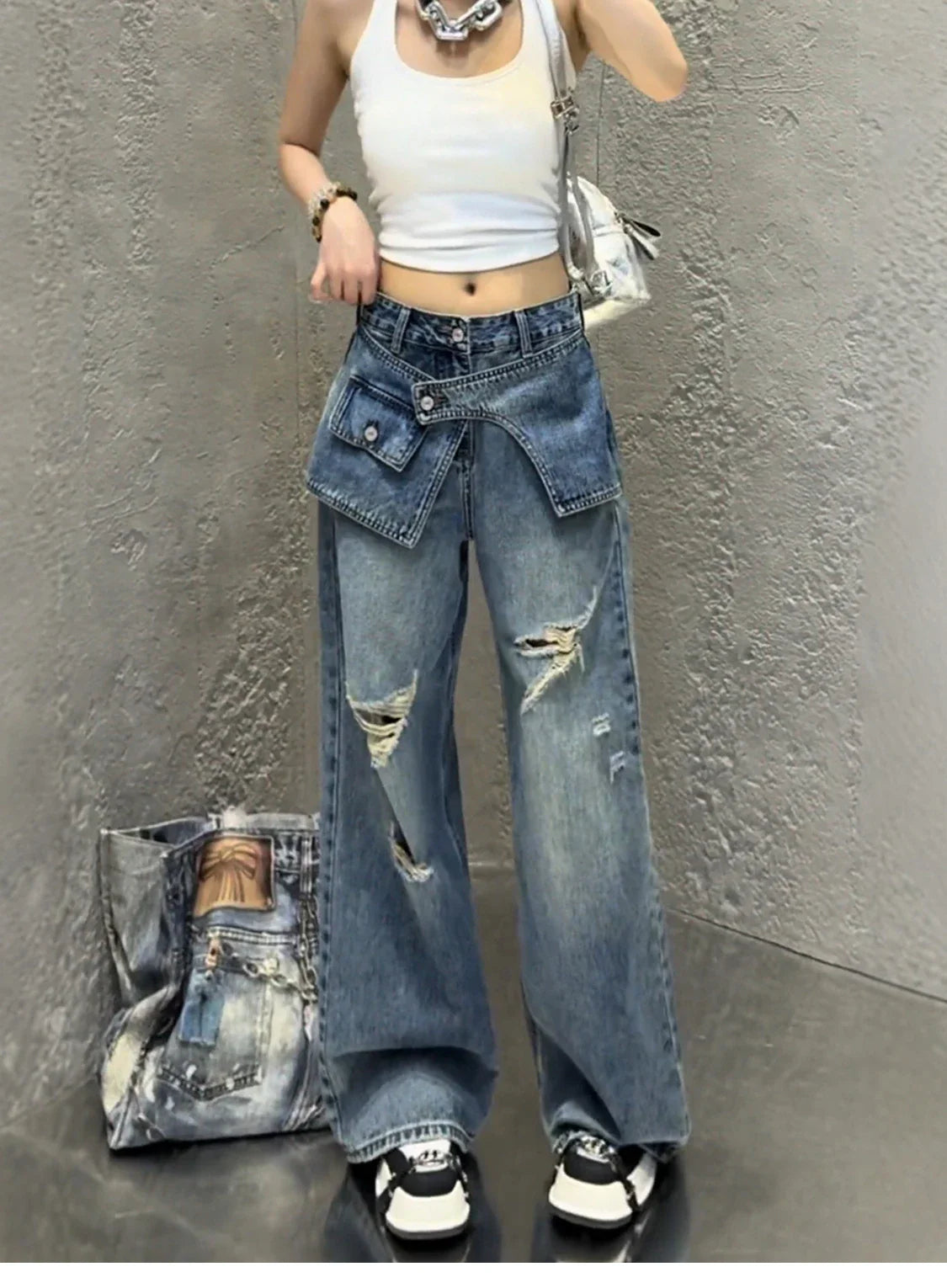 Streetwear Harajuku Jeans for Women Pantalones Vaqueros Mujer Chic Fake Two Denim Trousers Casual Straight Y2k Wide Leg Pants