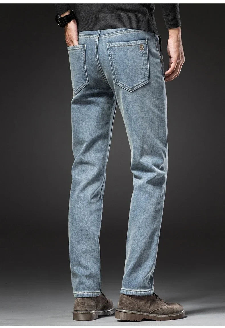 Winter Fleecy Thickened Warm Jeans Vintage Brand Classic Retro Youth Fashion Men Fit Straight Leg Casual Stretch Denim Pants