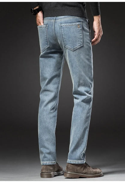Winter Fleecy Thickened Warm Jeans Vintage Brand Classic Retro Youth Fashion Men Fit Straight Leg Casual Stretch Denim Pants