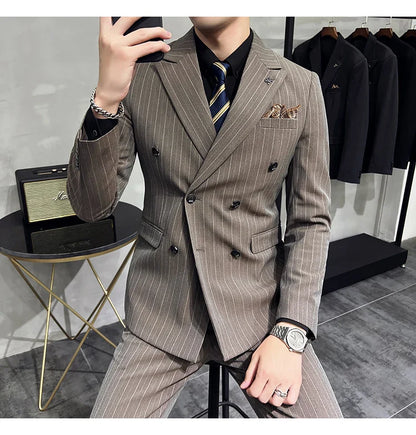 2025 High-quality Korean Version Slim-fit Business (Suit + Vest + Trousers) Striped Double-breasted Suit Three-piece Set