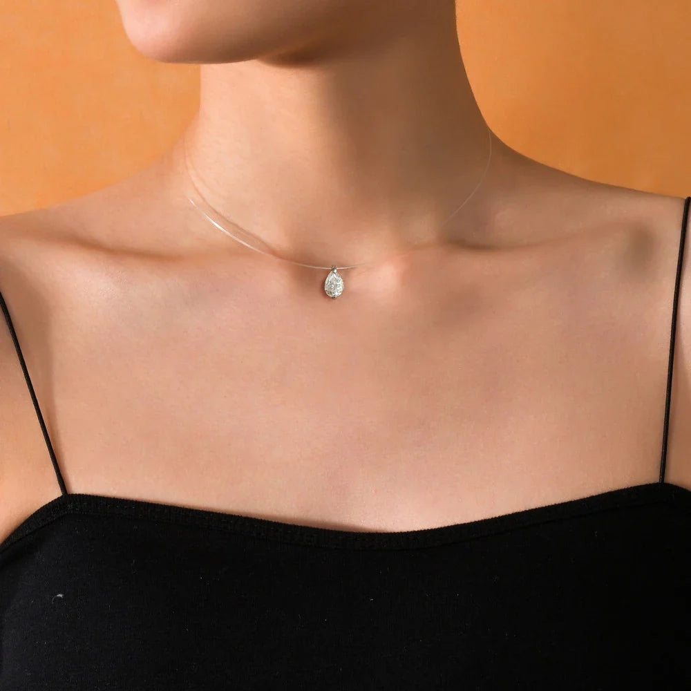 Fishing Line Waterdrop Moissanite Pendant Necklace  Certified 1Carat Pear Cut Diamond Neckchain for Women 925 Silver Jewelry