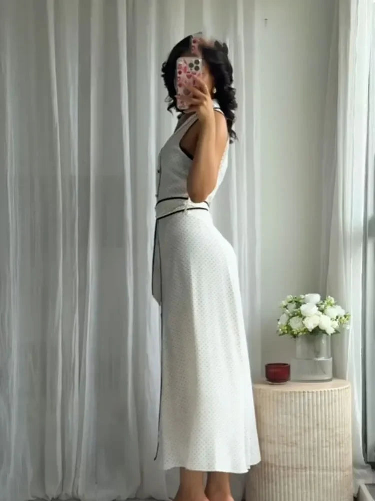 Woman Elegant Chic Sleeveless Single-breasted Midi Dress Summer Women Sexy White Polka Dot Shirt Style Chart Dress Mujer