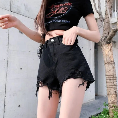 Black High-Waist A-Line Wide Leg Jeans Shorts for Women Summer 2026 Trendy Loose Fit Slimming Hot Pants Ladies Denim