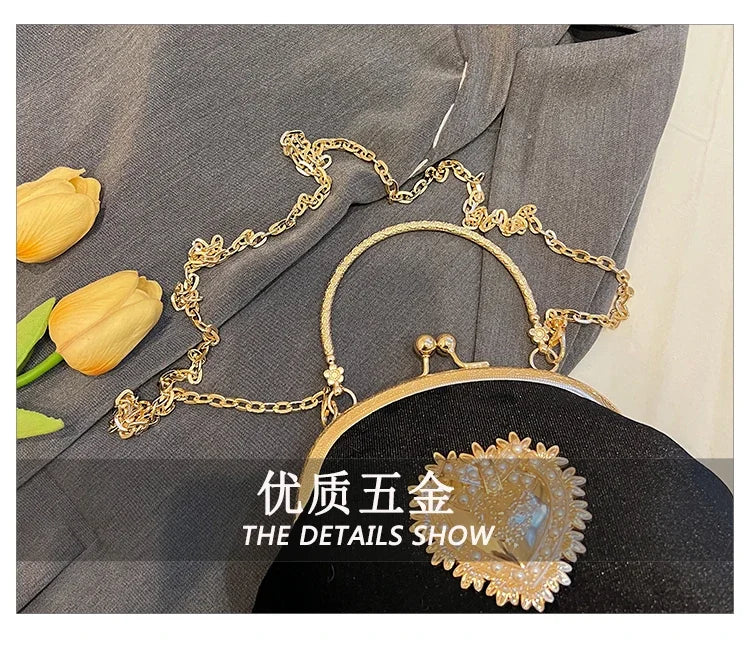 Chains Velvet Frame Heart Dinner Hand Bags Diamonds High Quality Shoulder and Crossbody Bags for Women 2024 Fashion Hot Sale