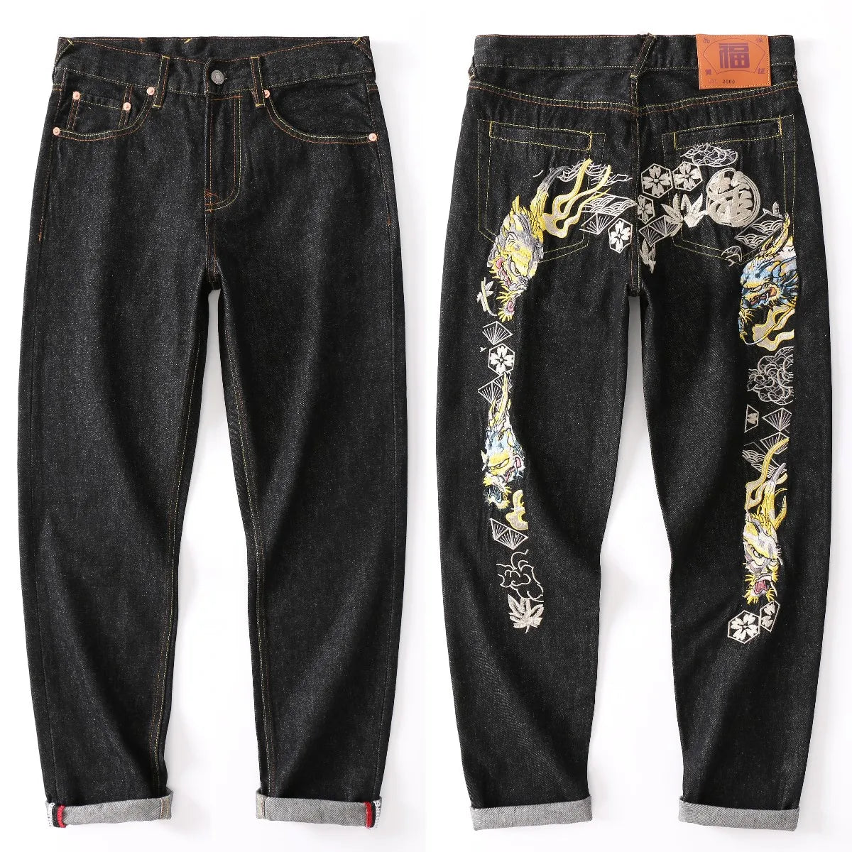 Japanese Handmade Embroidered Jeans Men's Pure Cotton Straight Tube Hip-Hop Popular Slim Red Ears Show Thin Trousers Devil