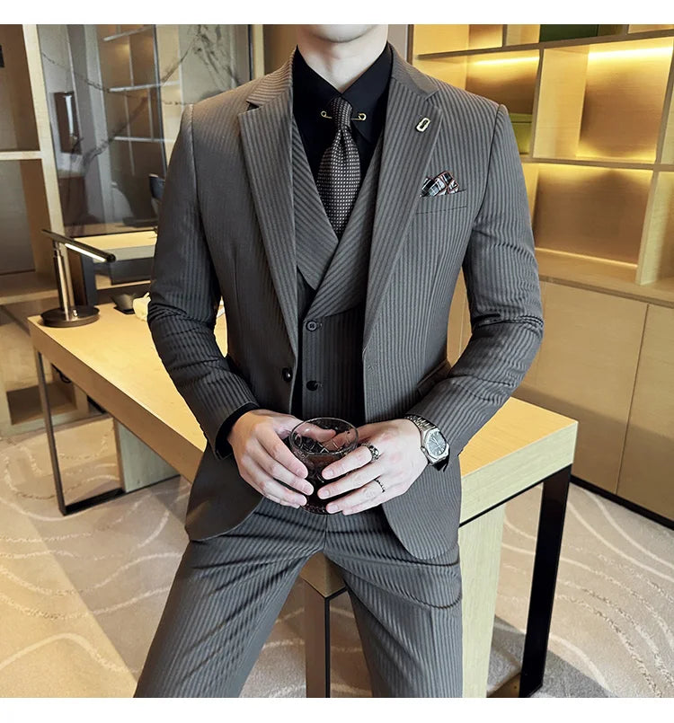 Luxury Stripe Men Suit Korean Version Fashion Elegant Slim Fit Tuxedo Formal Groom Wedding Social Suits