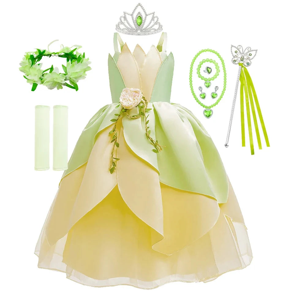 Tiana Fancy Girls Princess Costume Kid Carnival Dress Cosplay Floral LED Light Up Clothing Halloween Girls Christmas Party 2-11T