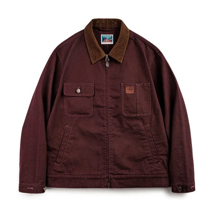 Retro Heavyweight Canvas Detroit Jacket Corduroy Collar Hunting Short Zip-Up Jacket with Pockets Men's Autumn Outerwear