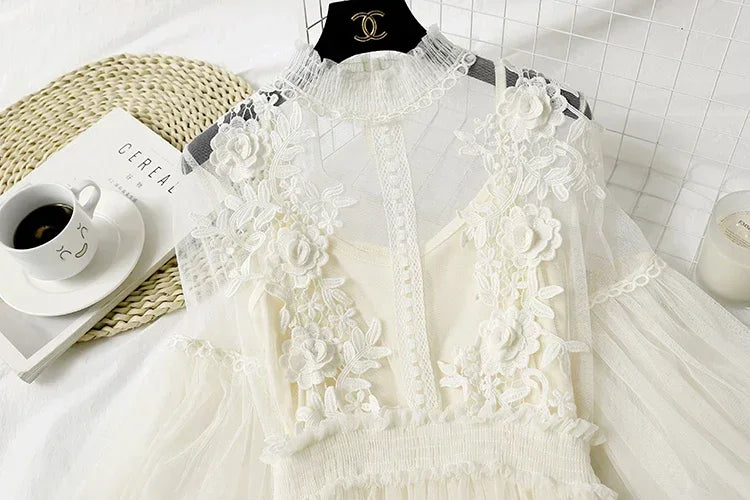 Lace Flower Mesh Summer Dress Women Lantern Sleeve White Casual Dresses Female Party Vintage Slim Women Dress 2 Piece Sets 12041