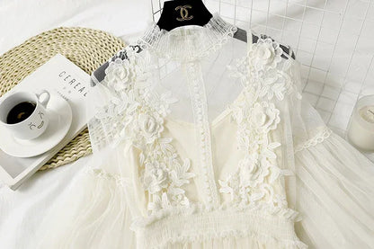 Lace Flower Mesh Summer Dress Women Lantern Sleeve White Casual Dresses Female Party Vintage Slim Women Dress 2 Piece Sets 12041