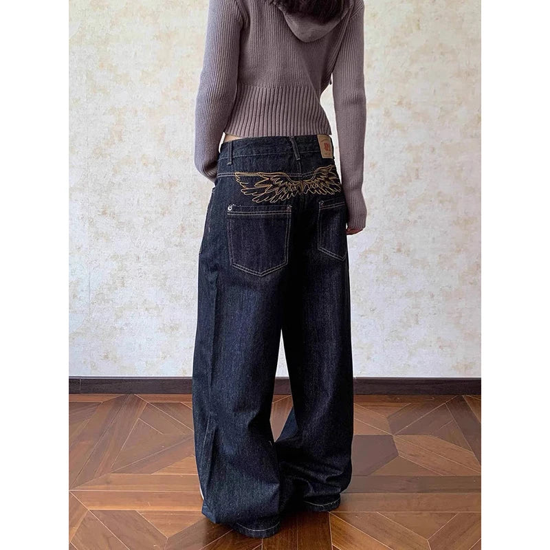 Women Chic Baggy Embroidery Jeans Grunge Japanese Low Rise Y2K Denim Pants 2000s Aesthetic Harajuku Abi Grunge Cyber Punk